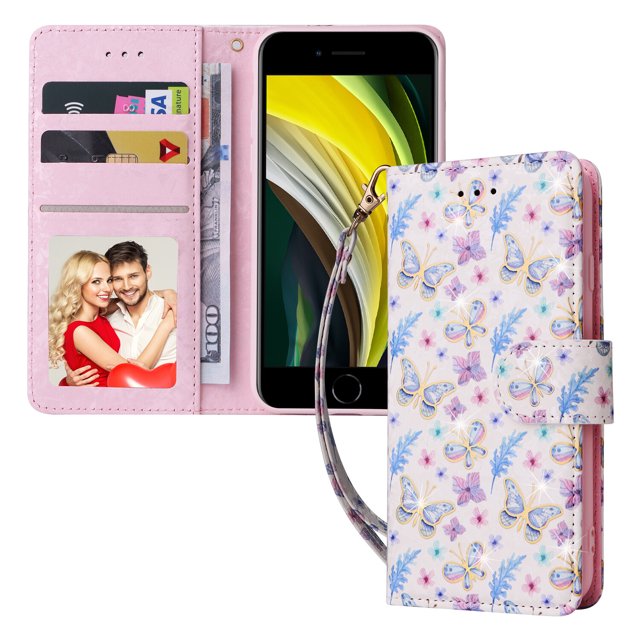 Compatible avec iPhone 8/7 Étui Rétro Fleur Dorée Cuir PU Portefeuille Blocage RFID