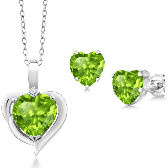 Gem Stone King 925 Sterling Silver Green Peridot and White Moissanite Pendant Necklace Earrings Set for Women (3.15 Cttw, Heart Shape 8MM and 6MM, with 18 inch Chain)