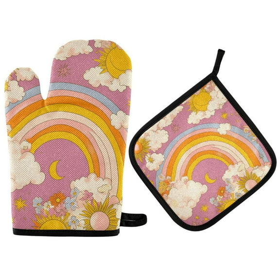 Yayeee Oven Mitts and Pot Holder Set of 2 Heat Resistant Kitchen Gloves Baking Hot Pad, Purple Retro Rainbow