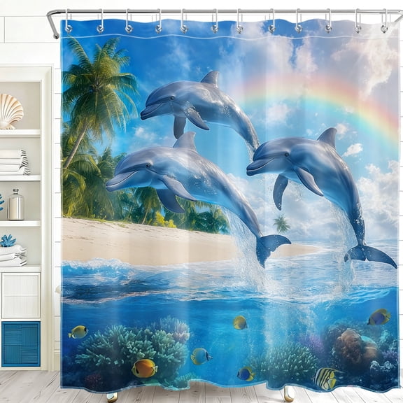 HVEST Blue Ocean Dolphin Shower Curtain, Ocean Rainbow Tropical Fish Summer Shower Curtain - Cute Beach Coastal Bathroom Decor, Waterproof Polyester Fabric, Includes 12 Hooks, 72x72 Inches
