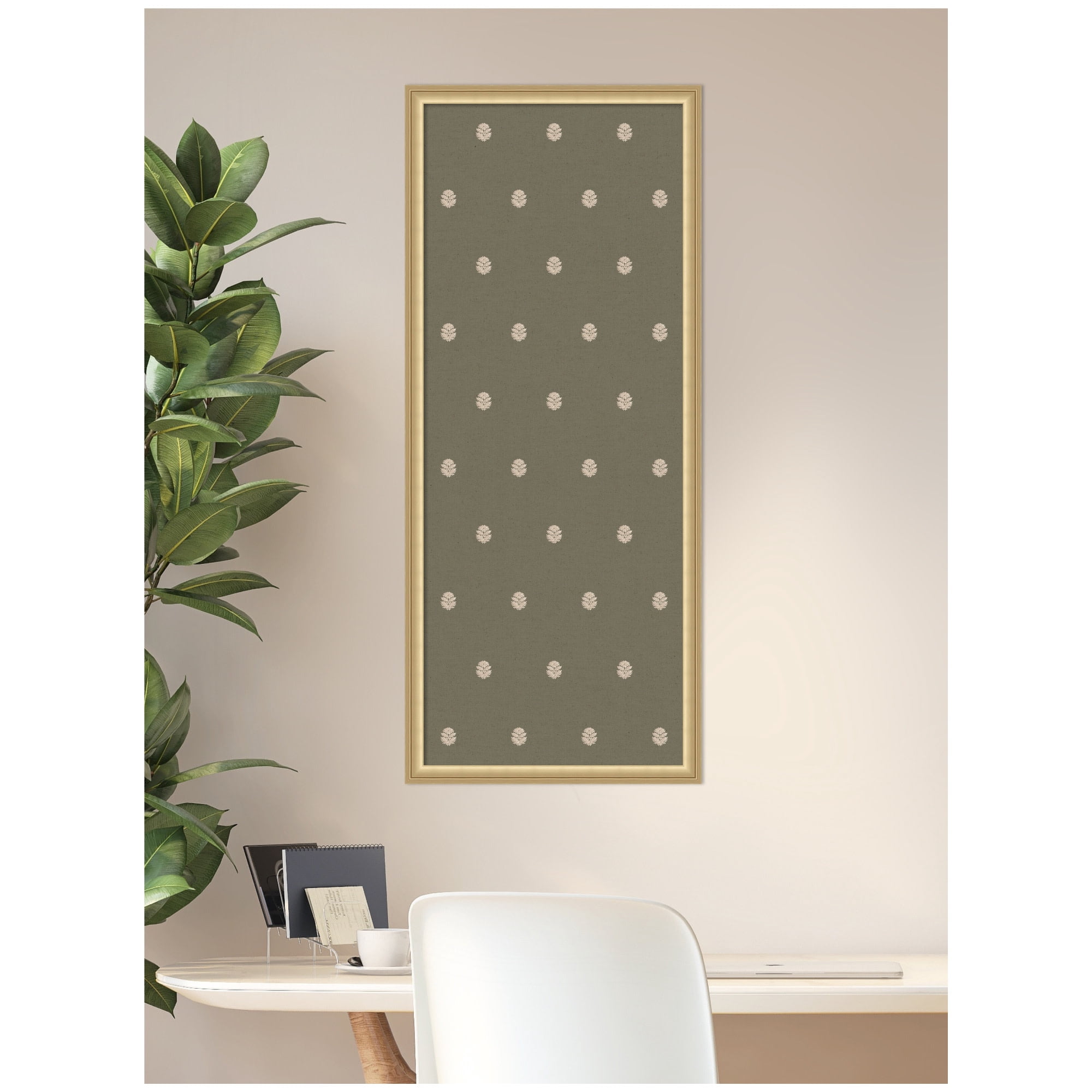 Kate and Laurel Framed Fabric Pinboard 18 x 42, Green Botanical Block Print Printed Linen Classic Bulletin Board for Use as a Vision Board or Wall Organization, Florence Gold Frame