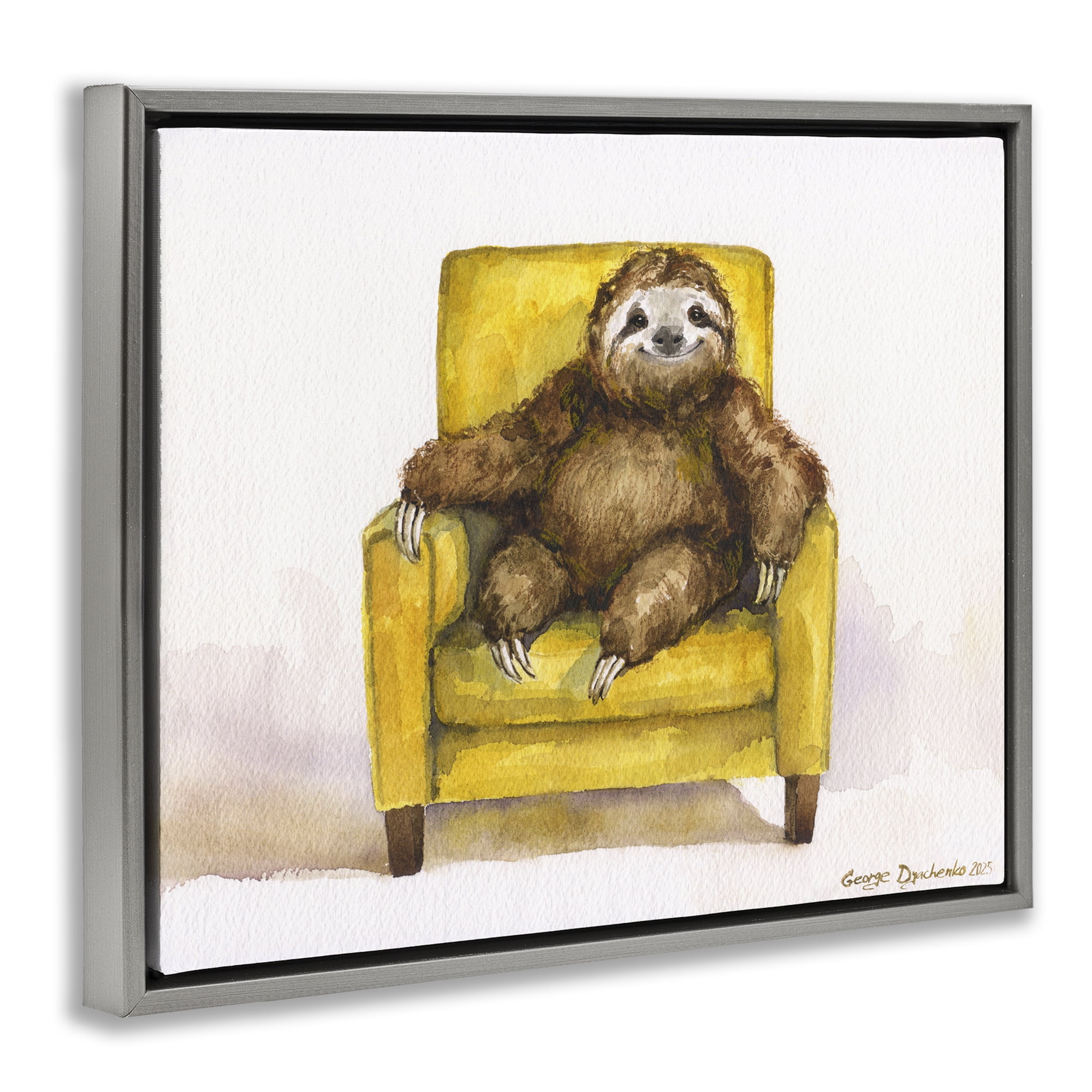 Stupell Industries Happy Sloth Relaxing on Armchair Gray Framed Floater Canvas Wall Art, design by George Dyachenko