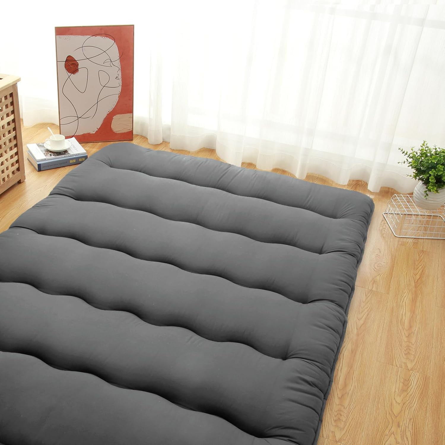 Trilenars Japanese Futon Mattress FULL Size,Floor Mattress for Adults Futon Floor Mat Foldable Sleeping Mattress,Tatami Mat,Camping Pad,Wave Dark Grey