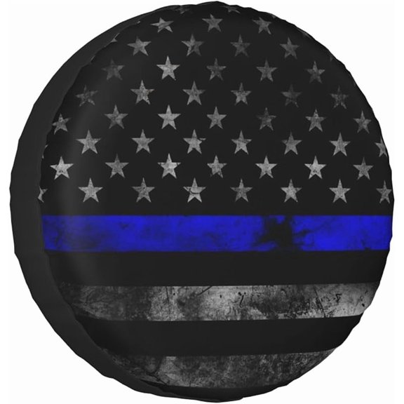 Spare Tire Cover Weatherproof Sun Protection Wheel Tire Cover Universal Fit Trailers RV SUV Truck Camper Travel Blue Line Flag
