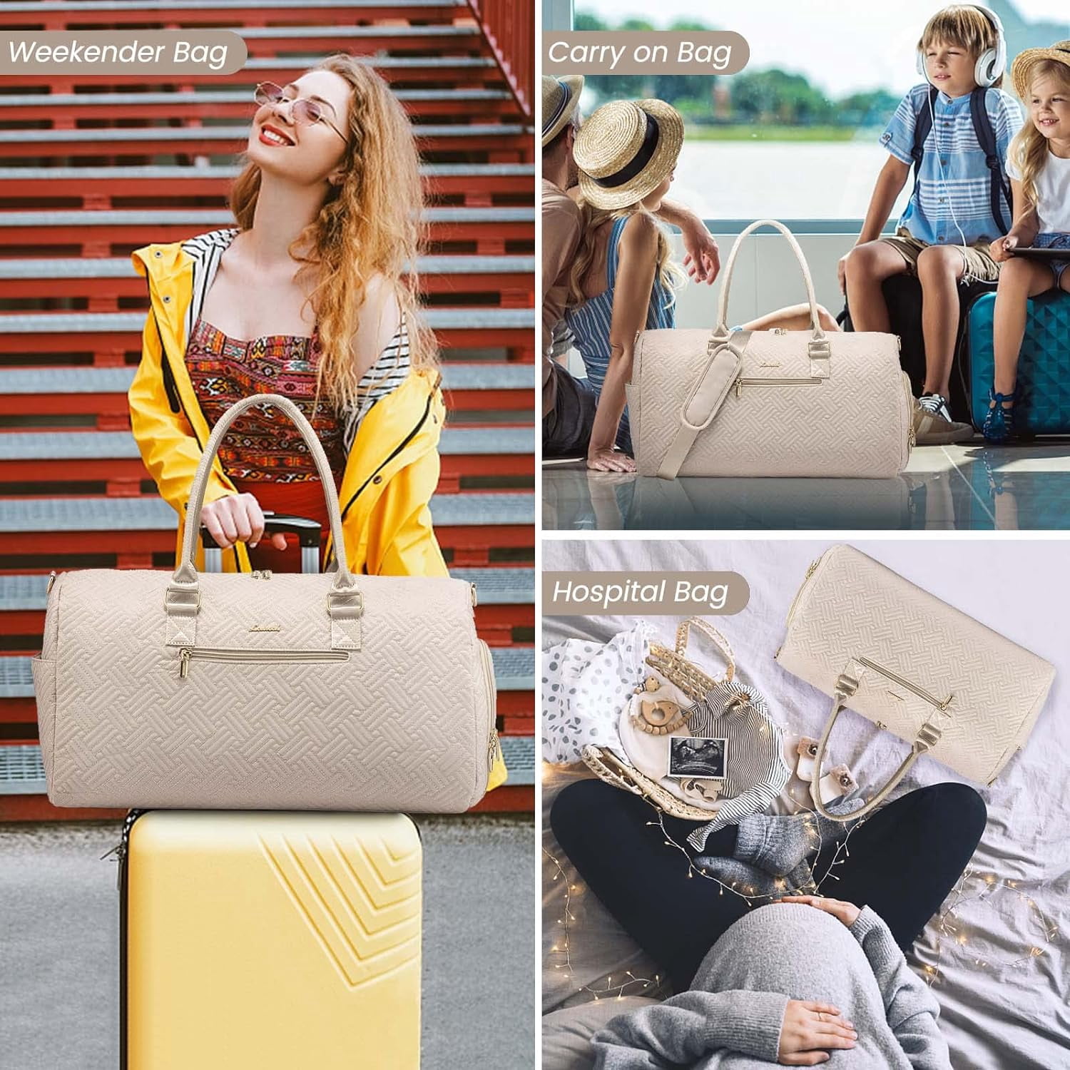 Travel Duffle Bag, Weekender Bag for Women with Toiletry Bag, Carry on Overnight Bag with Shoe Compartment, Gym Duffel Bag with Wet Pocket, Mommy Hospital Bags for Labor and Delivery
