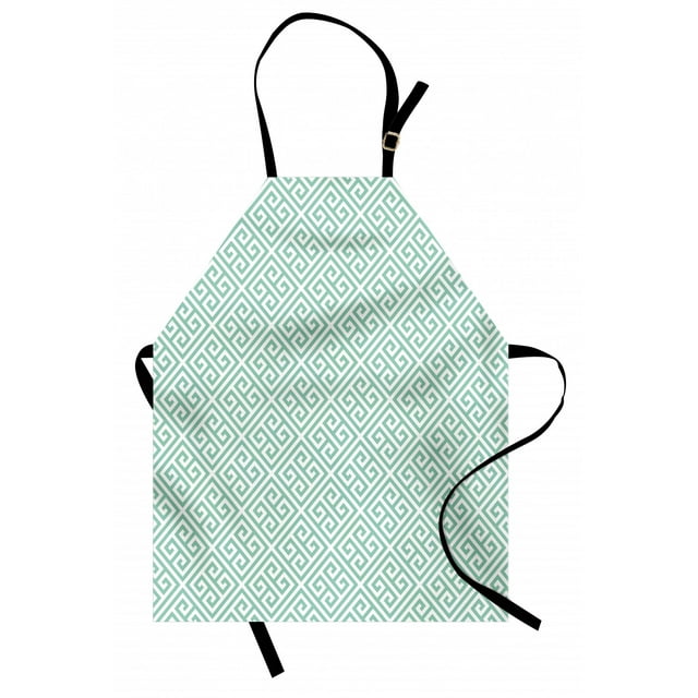 Greek Key Apron Antique Labyrinth Motifs in Checkered Tile Composition Green and White, Unisex Kitchen Bib Apron with Adjustable Neck for Cooking Baking Gardening, Mint Green White, by Ambesonne