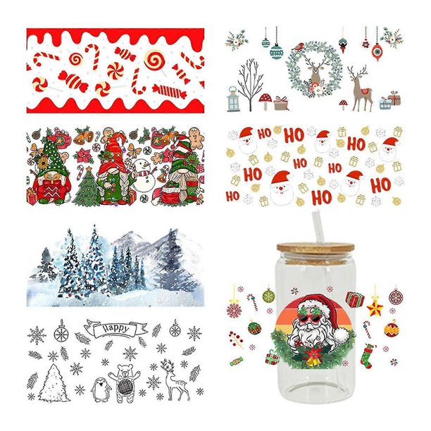 7pcs Christmas Decorations Uv Dtf Transfer Sticker,santa Claus Rub On Stickers Cute Cartoon Xmas Cup Wrap Stickers For Glass Cups Christmas Decor