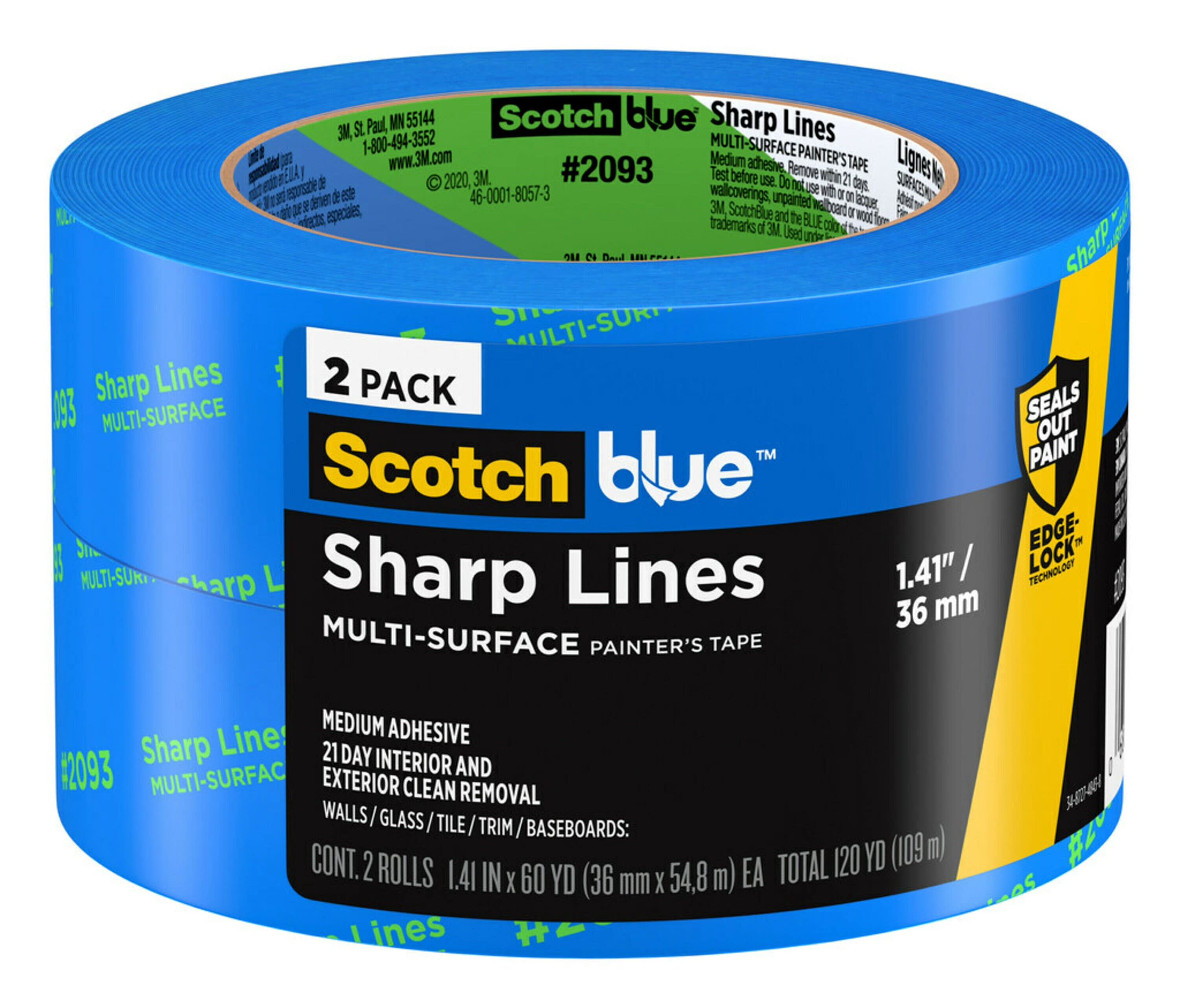 ScotchBlue Sharp Lines Painter's Tape, Blue, 1.41 in x 60 yd, 2 Rolls