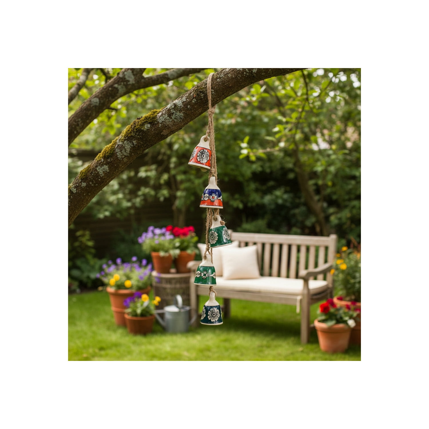 Modern Ceramic Cluster Bells for Garden Decor - Decorative Outdoor Wind Chimes for Patio, Porch, or Tree Branch - Outside Home Decoration for Window or Backyard Accent - 37", Blue & Green