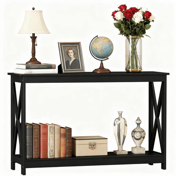 ZENY 47" 2-Tier Sofa Side Console Table with 2 Storage Shelves for Entryway Living Room, Black