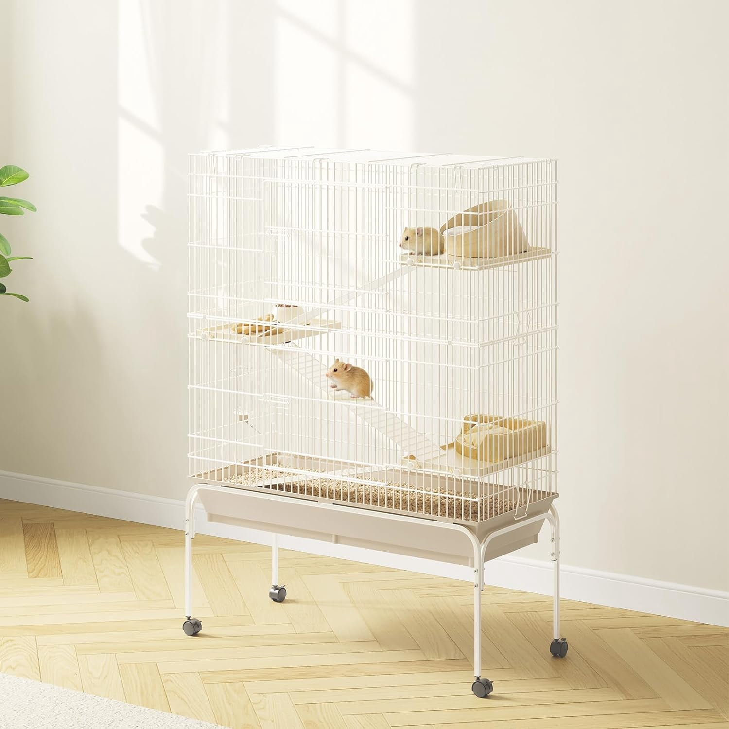 QinaQin 40-Inch Metal Small Animal Cage with Wheels – Multi-Level Habitat, Deep Tray, Removable Ramps, Easy Cleaning, Secure, Includes Water Bottle & Food Bowl,White