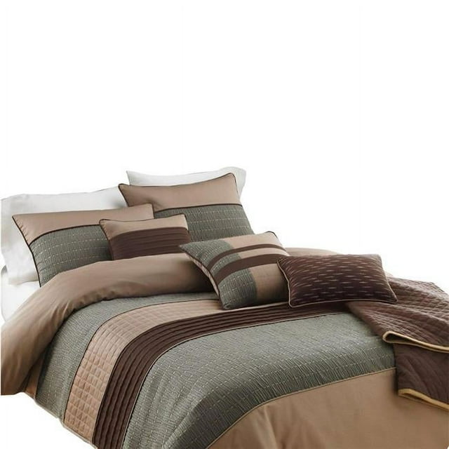 Benjara BM225183 Polyester Comforter Set with Pleats & Texture, Gray & Brown - King Size - 7 Piece