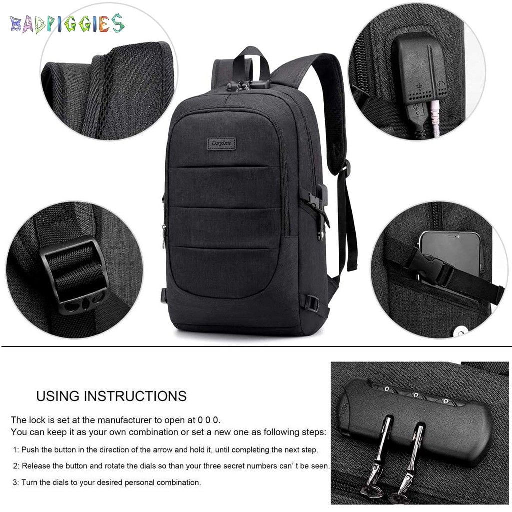 BadPiggies Travel Laptop Backpack Water Resistant Anti-Theft Bag with USB Charging Port and Lock
