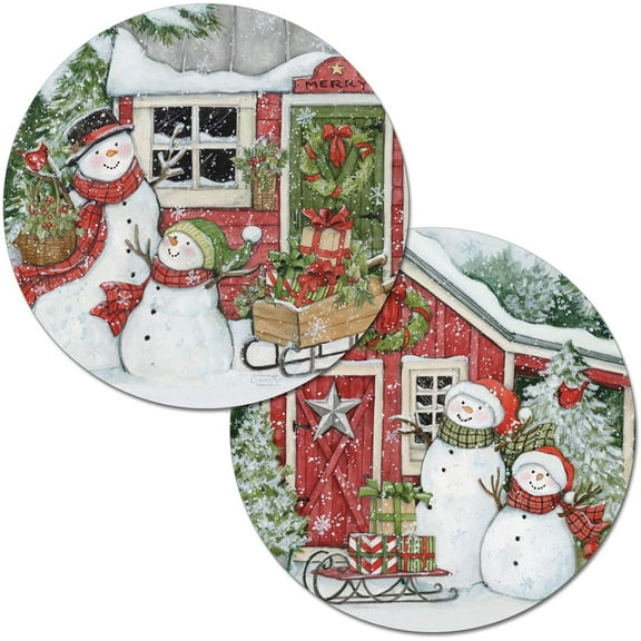 Wipe-Clean Reversible Round Shaped Placemats, Snowman's Farmhouse, Set of 2, Made in The USA