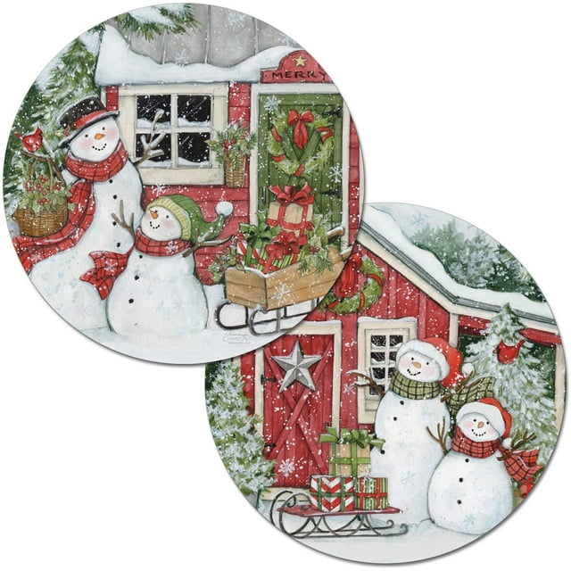 WipeClean Reversible Round Shaped Placemats, Snowman's Farmhouse, Set