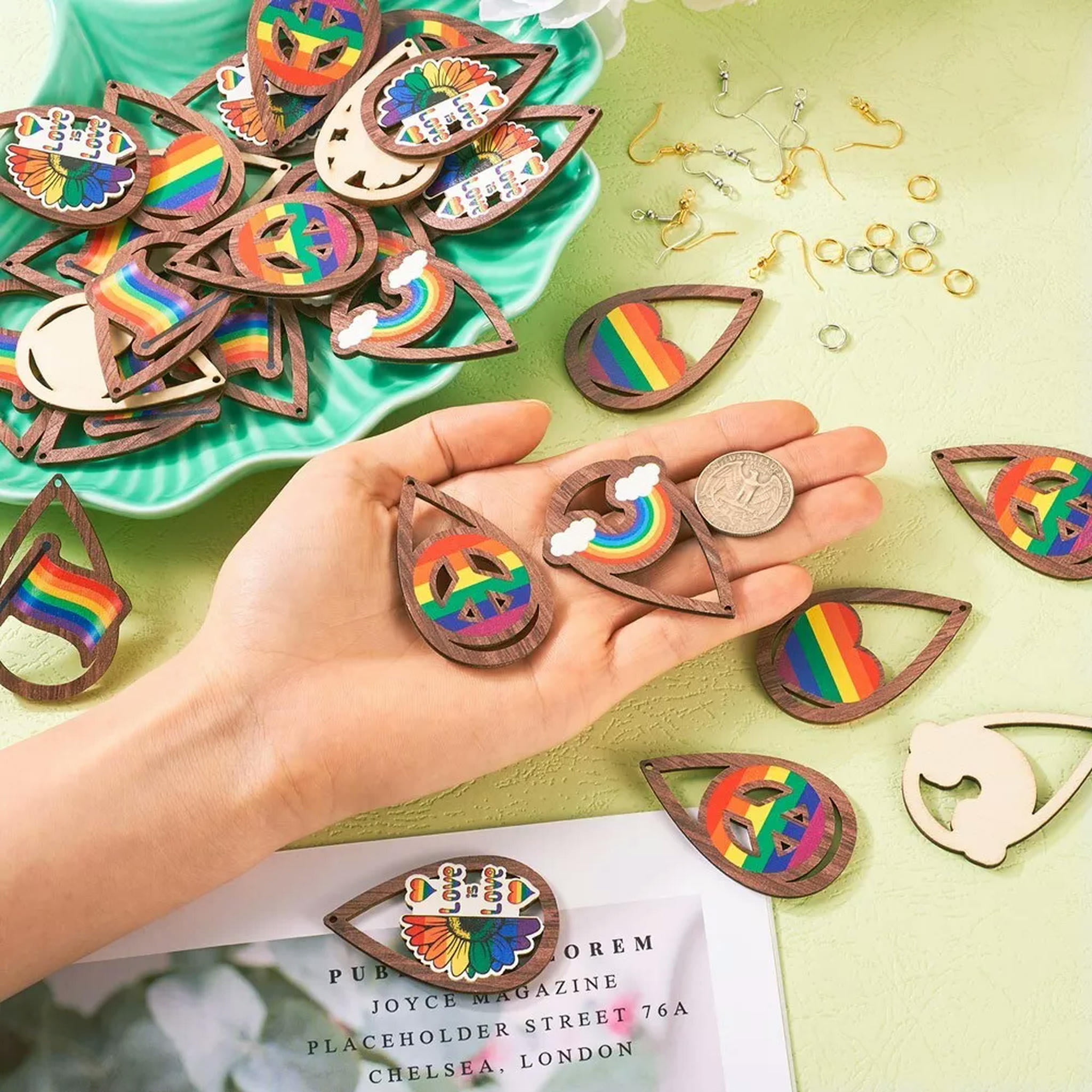 U8MO 200Pcs/box Teardrop Heart Peace Sign DIY Rainbow Color Pride Earring Making Kits