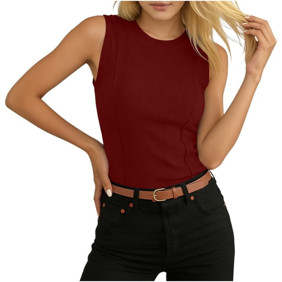 ClodeEU Women's Ribbed Crewneck Athletic Tank Top,Solid Color Casual Slim Fit Pullover Vest Wine,Womens Plus L