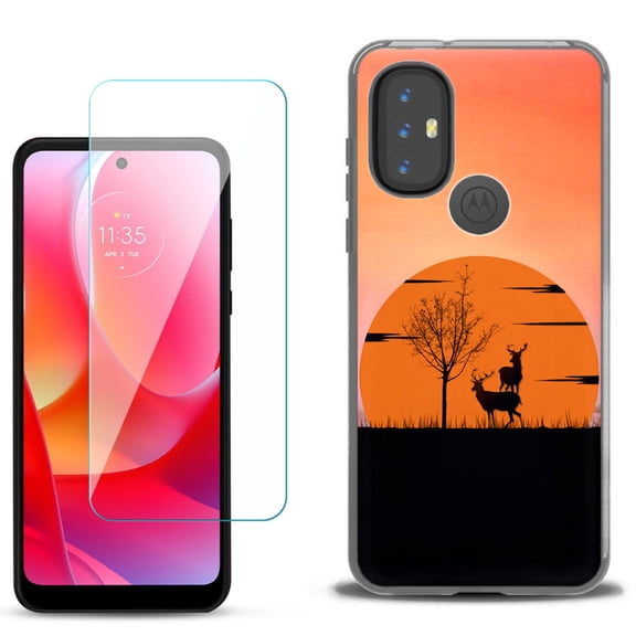Slim-Fit Gel TPU Phone Case for Motorola Moto G Power 2022, with Tempered Glass Screen Protector, by OneToughShield ® - Sunset Deer
