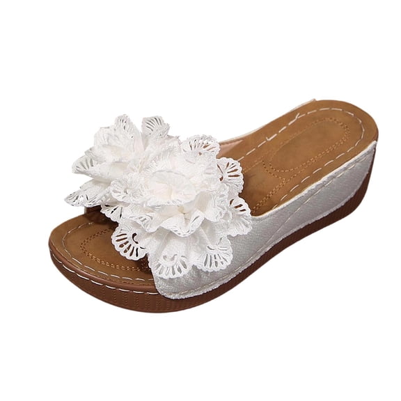 Womens Wedge Sandals White - Floral Slide Sandals with Soft Fuzzy Upper, Cushioned Low Heel Comfort Sandals for Women,Size 9