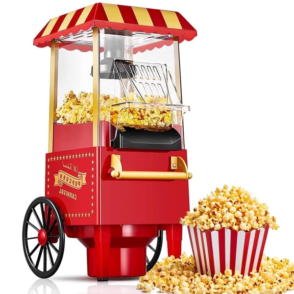 TINANA Vintage Hot Air Popcorn Machine, 1200W Oil-Free Popcorn Maker with Measuring Cup, Compact Countertop Popcorn Popper, 12-Cup Capacity, Red