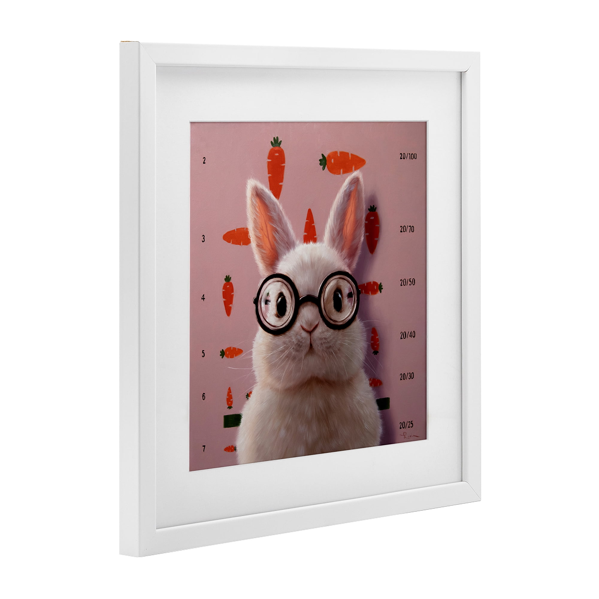 Bunny & Carrots Eye Exam White Framed Print Under Glass, design by Lucia Heffernan