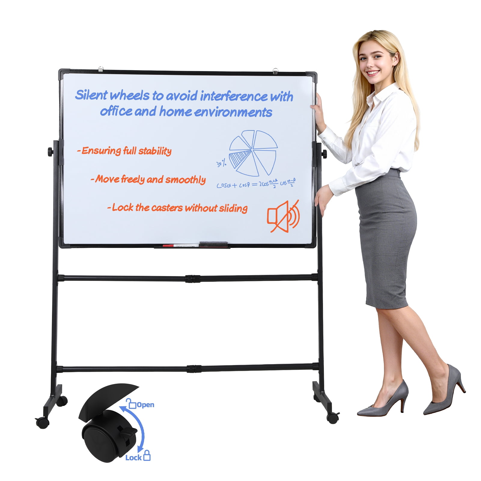 Rolling Dry Erase Board, 40 x 28 Inch Large Magnetic Mobile Standing Whiteboard, Height Adjustable Double Sided Easel Style White Board with Stand for Office, Classroom & Home