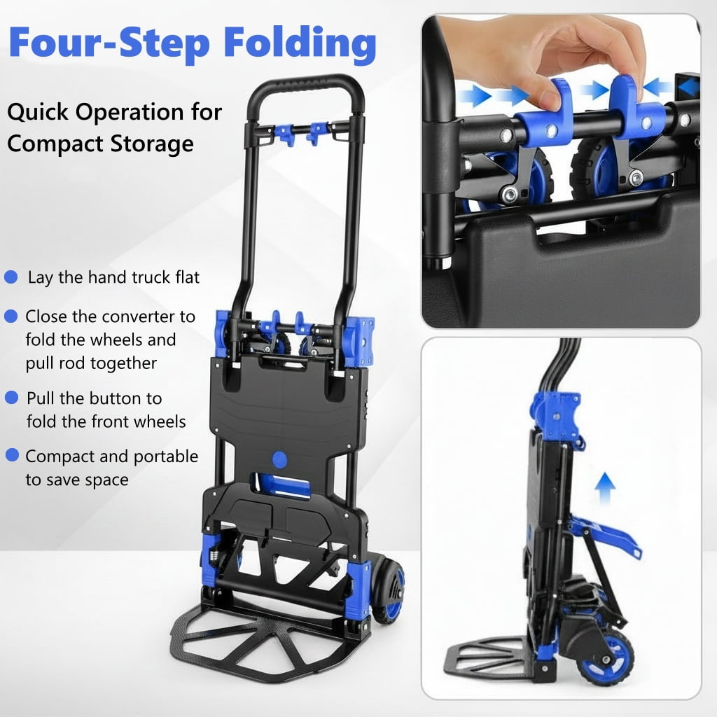 Adnoom 2-in-1 Portable Hand Truck with Retractable Handle & Storage Box, 300 lbs Folding Hand Cart Heavy Duty with 4 Wheels, Furniture Dolly for Moving, Blue