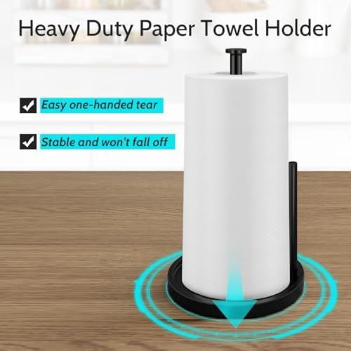 Paper Towel Holder Countertop, Standing Paper Roll Holder with Anti Slip Weighted Base, Stainless Steel Freestanding Paper Towel Holder for Kitchen, Black