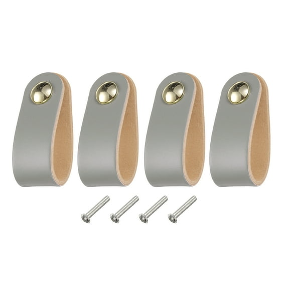 Uxcell 4 Packs Leather Drawer Pulls Single Hole Knobs with Screws for Drawers, Grey/Gold