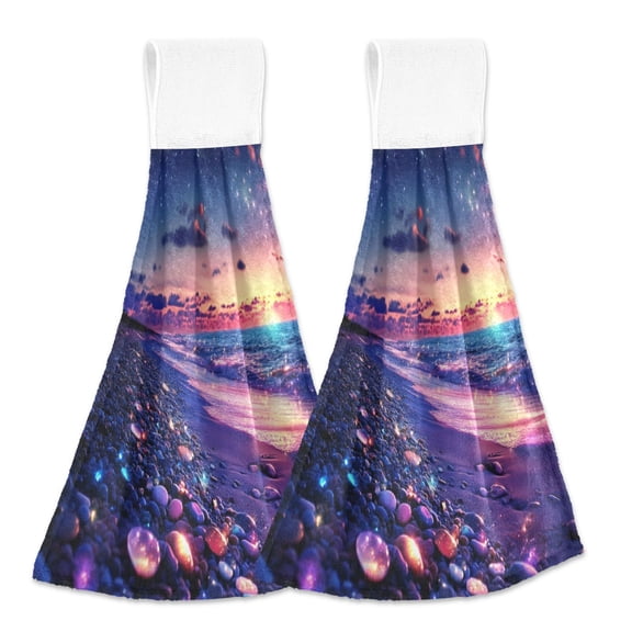 BZSMCE Hanging Hand Towels Fashion Glowing Stones on Colorful Beach Pattern 2-Pack - Velcro Style Bathroom Kitchen Towels