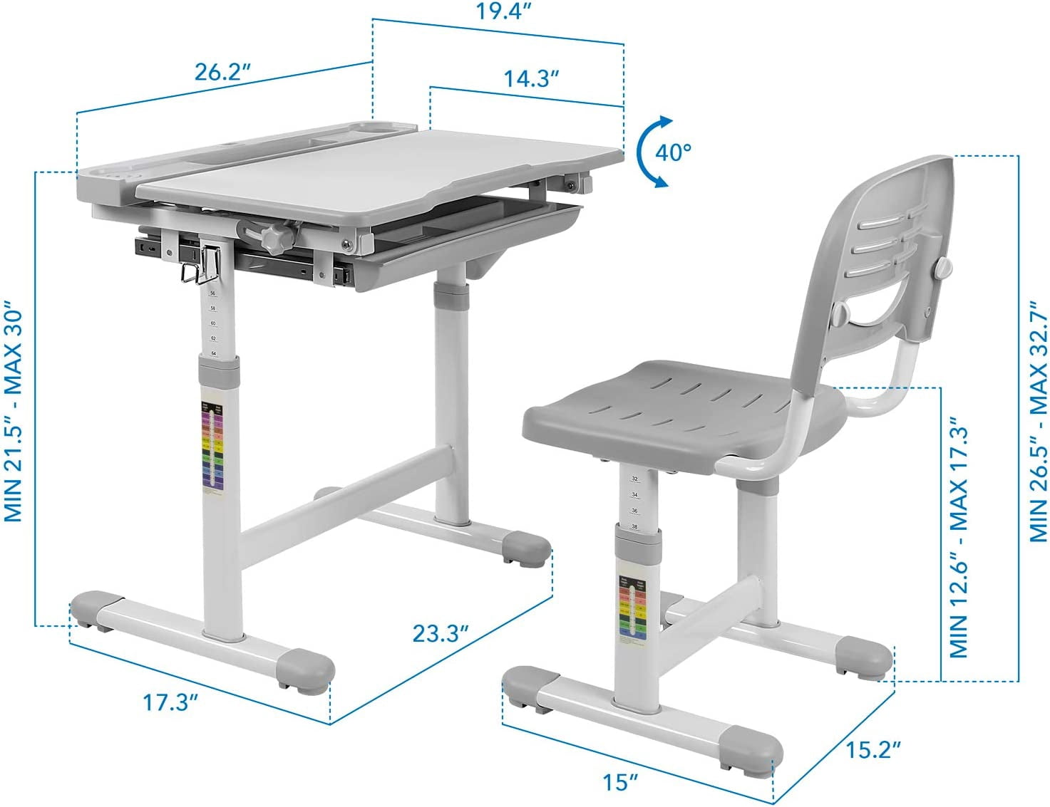 DYPDM Desk and Chair Set Height Adjustable Ergonomic Children's School Workstation with STORAGE Drawer Grey (Grey)