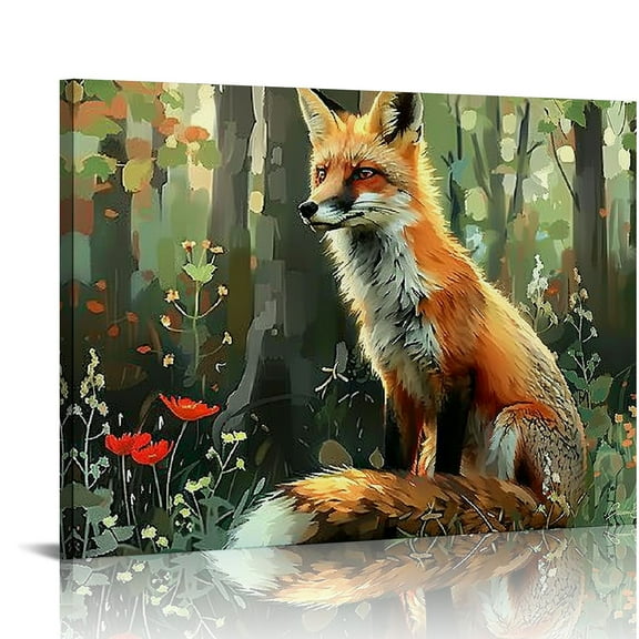 BCIIG Abstract fox wall art orange fox canvas drawing animal prints cute fox forest paintings wildlife pictures fox artwork animals and flowers canvas 20x16in