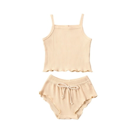 

ZIYIXIN Newborn Baby Girl Summer Clothes Solid Ribbed Halter Crop Top+Shorts Bloomers 2Pcs Outfits Apricot 3-6 Months
