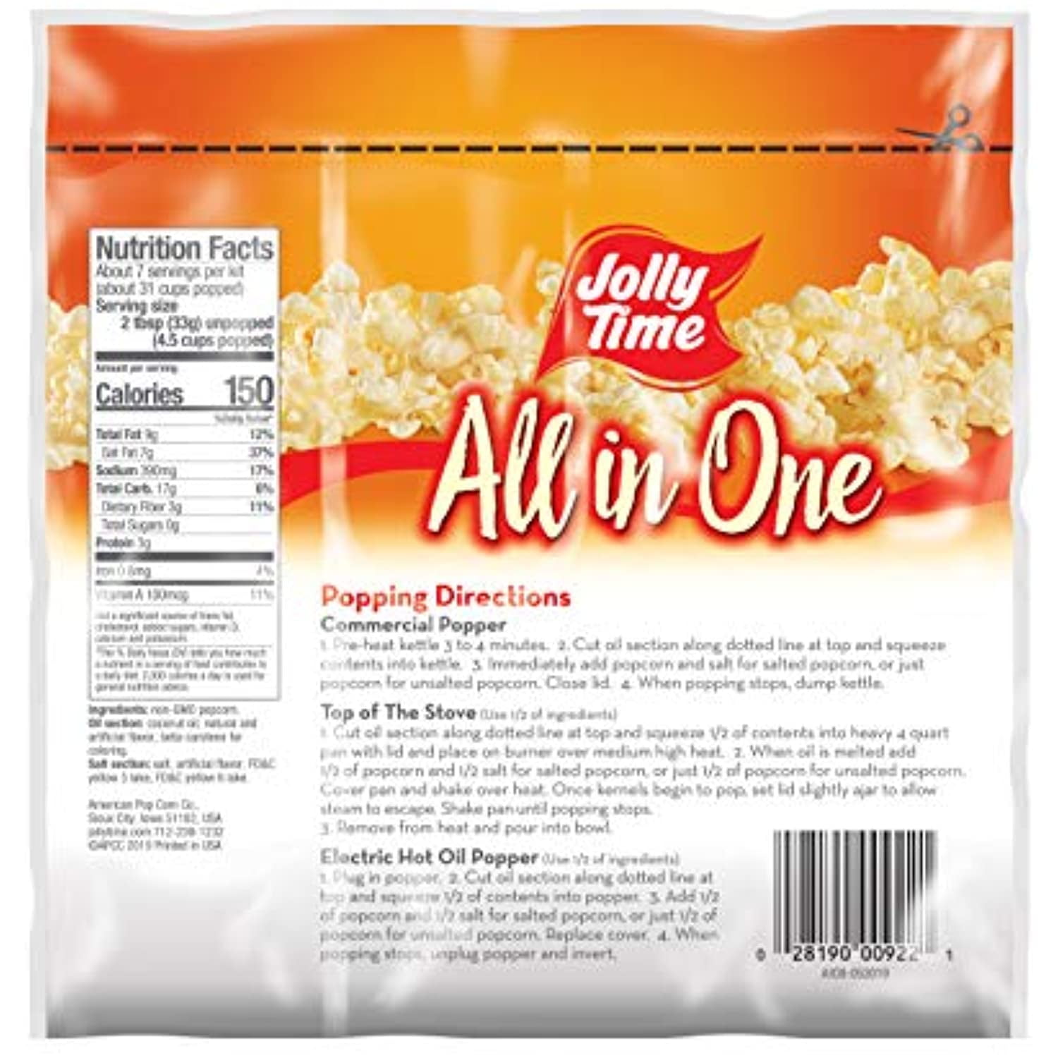  JOLLY TIME All in One Popcorn Kit, Portion Packets with  Kernels, Oil and Salt for Movie Theater or Air Popper Machines (18 pack,  12oz Kettle)