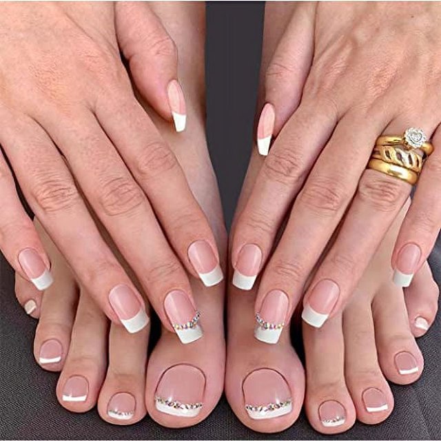 HLONK 48Pcs Press on Nails Toenails French Nail Tips Rhinstone Medium Length Flase Nail Finger Toe Nails Glossy Acrylic Fake Nail with Designs (Rhinstones)