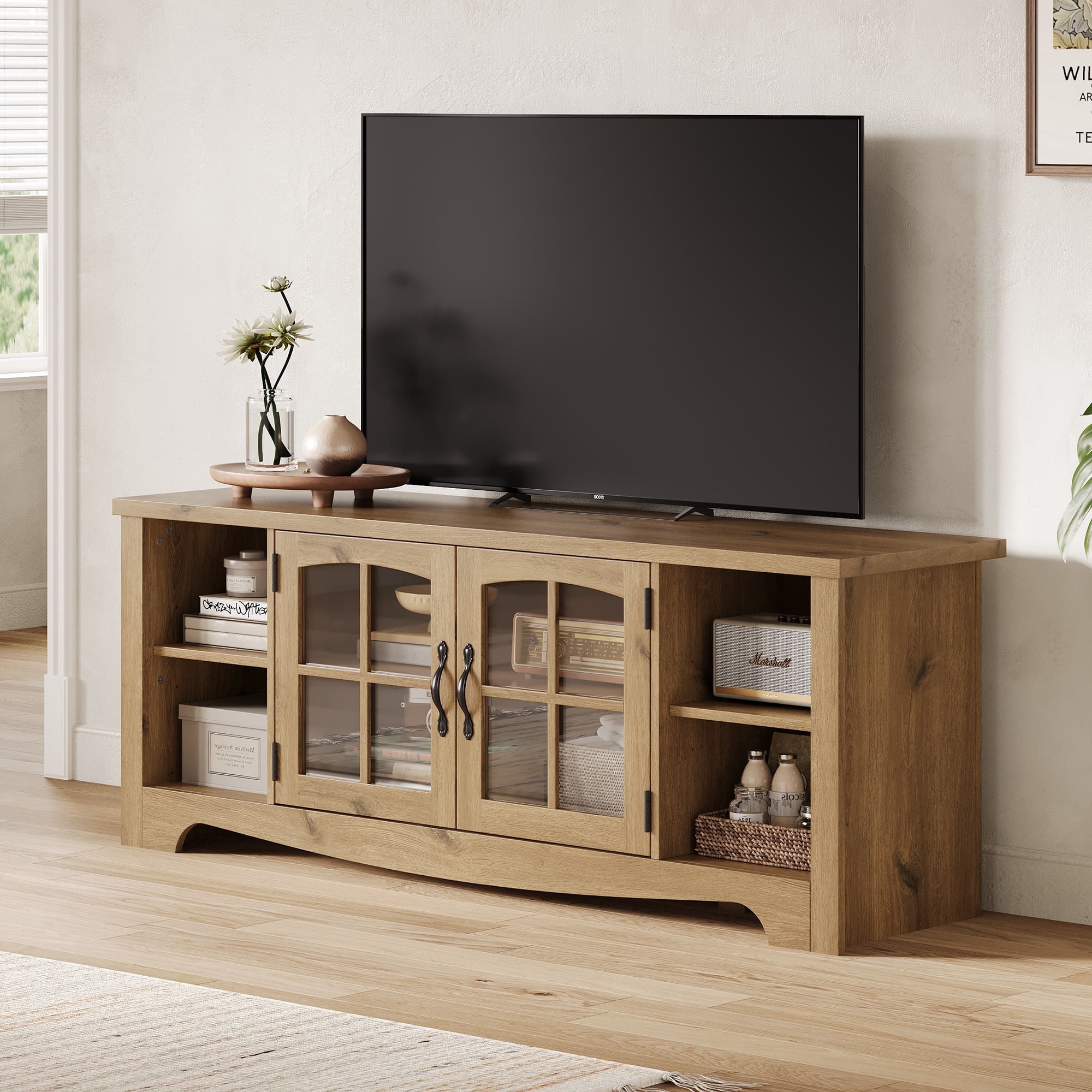LINSY HOME Modern Farmhouse TV Stand for TVs up to 65",Home Entertainment Center with Storage Cabinet and Adjustable Shelves,Oak