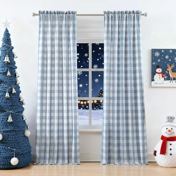 Buffalo Plaid Semi Sheer Curtains 84 Inches Long,Beige-Dusty Blue Buffalo Check Drapes for Bedroom Living Room,Farmhouse Gingham Window Treatment,Rod Pocket,40" Wx84 Lx2,Beige-Dusty Blue
