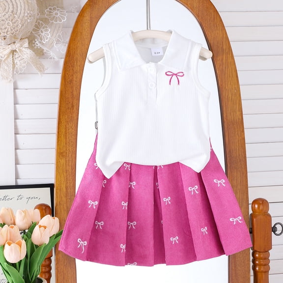 Glisme Girls Clothes O Neck Graphic Prints Short Sleeve Outfits Vest Tops Pleated Skirt Adorable Little Girls Playsuit Hot Pink