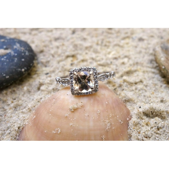 HeartsAndYou 2ct Natural Peach Morganite Engagement Ring 100% 14k SOLID White Gold Halo Women