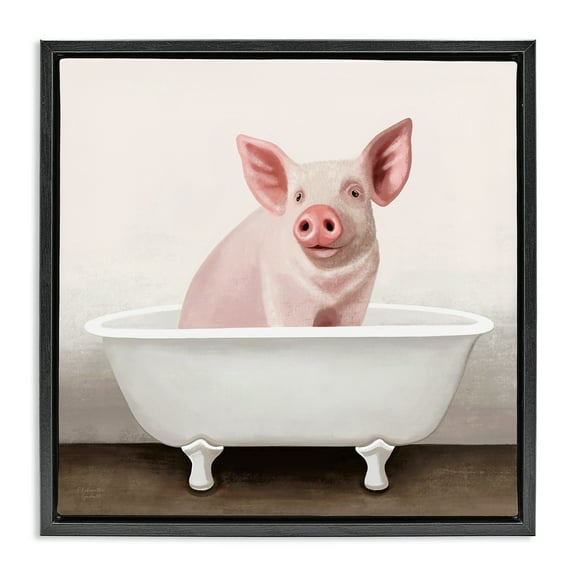 Stupell Industries Pink Farm Pig in Country Bath Tub Animals & Insects Painting Black Floater Framed Canvas Art Print Wall Art, 18 x 18