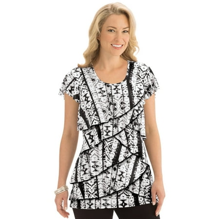 Women's Printed Tiered Ruffle Knit Top, Medium, Black Multi - Made in the USA