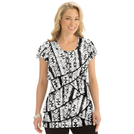 - Women's Printed Tiered Ruffle Knit Top, Medium, Black Multi - Made in the USA