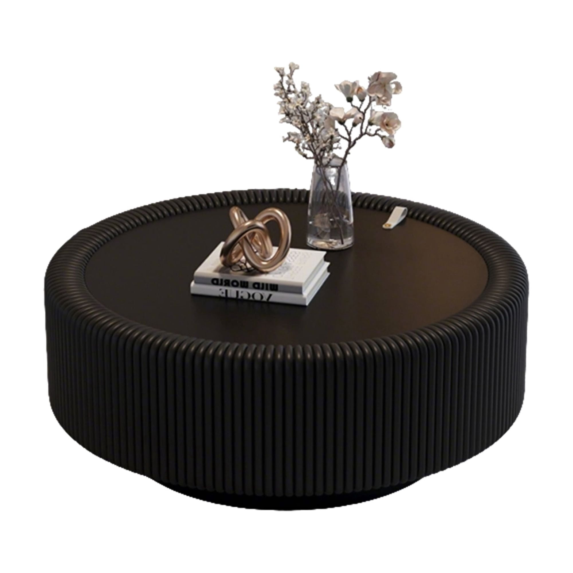 Leumius Round Fluted Coffee Table with Tempered Glass Top, PU Leather Body , Baked Enamel Metal Base & Hidden Storage , Modern Minimalist Accent Table for Living Room Black