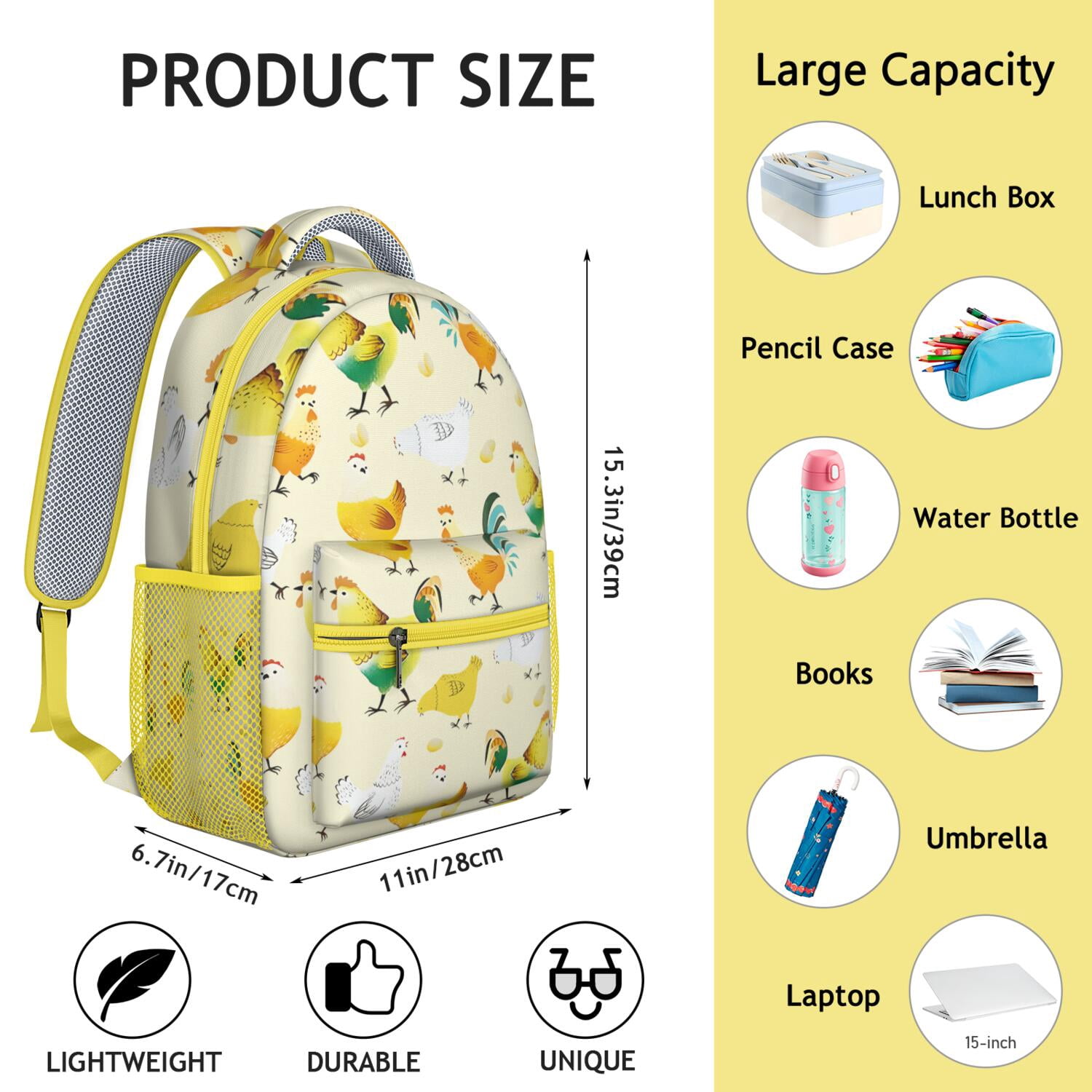Farm Chicken and Moon Print School Backpack - Ergonomic Waterproof Bag with Breathable Mesh Straps & Side Pockets