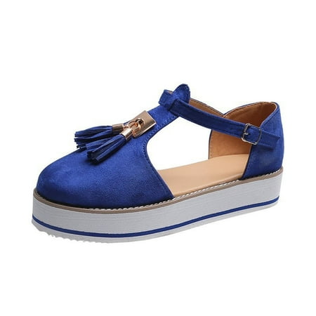 

Hinvhai Summer Shoes for Women Clearance Women s Tassel Round Toe Flat Pumps Thick Bottom Buckle Strap Casual Beach Shoes Blue 6(37)
