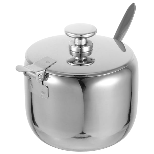 BRIGHTFUFU Recipiente de acero inoxidable para condimentos con tapa y cuchara, redondo, para azúcar, para cocina, café y té, para el hogar, 250 ml
