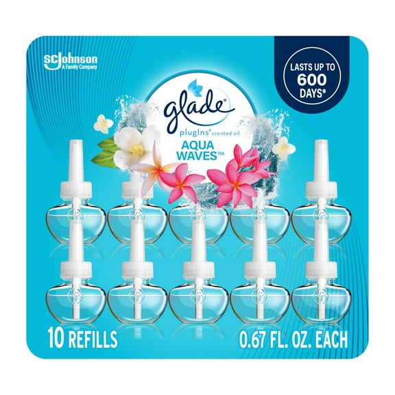 Glade PlugIns Refills Air Freshener, Scented and Essential Oils for Home and Bathroom, Aqua Waves, 6.7 Fl Oz, 10 Count