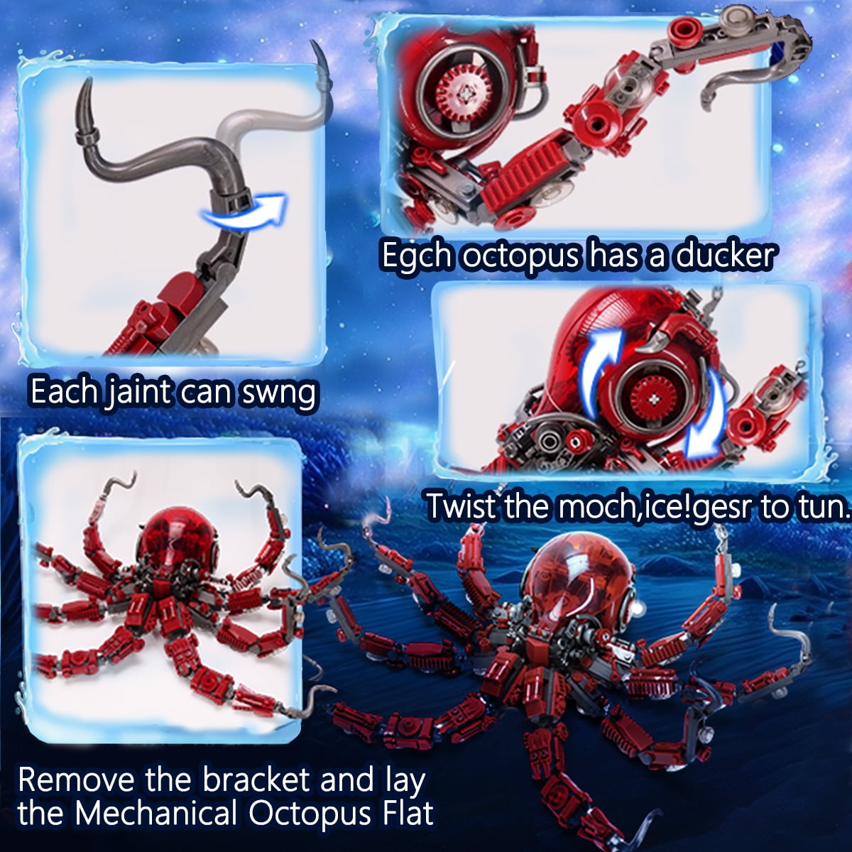 Mechanical Octopus Building Sets for Adult, Ocean Animal Collection Toy with Display Stand and Light,  Home or Office Decor for Adults STEM Building Gift for Teens Boys & Girls