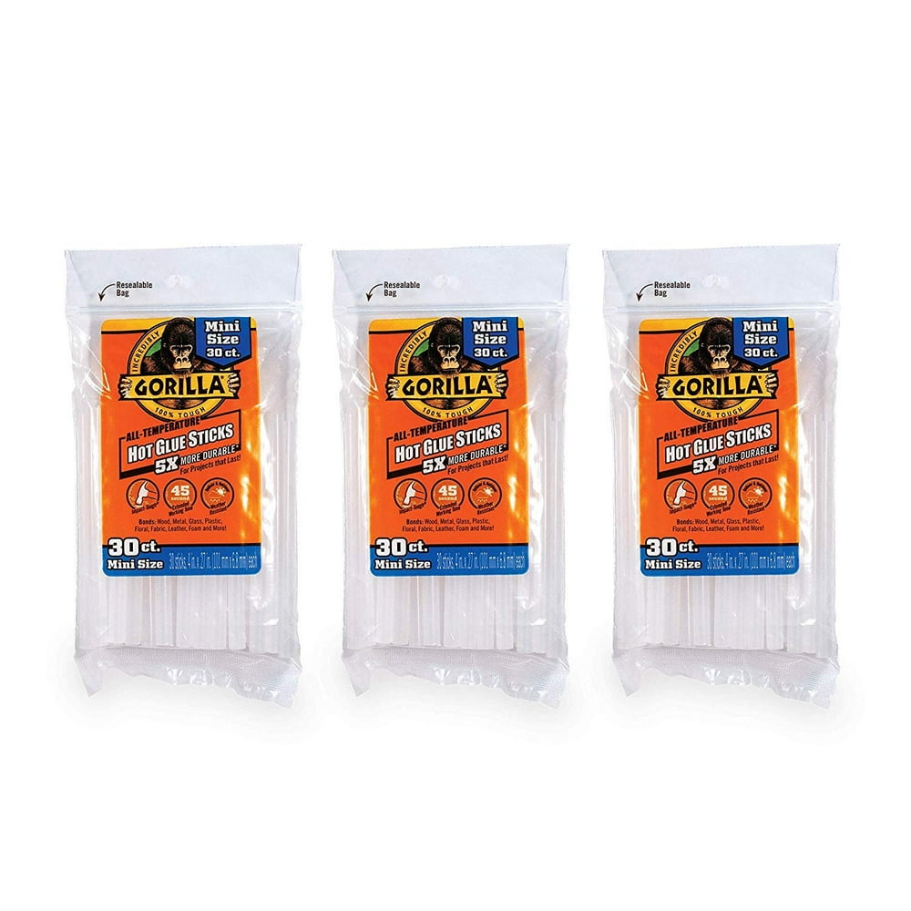 Gorilla Hot Glue Sticks, Mini Size, 4" Long x .27" Diameter, 30 Count, Clear, Pack of 3