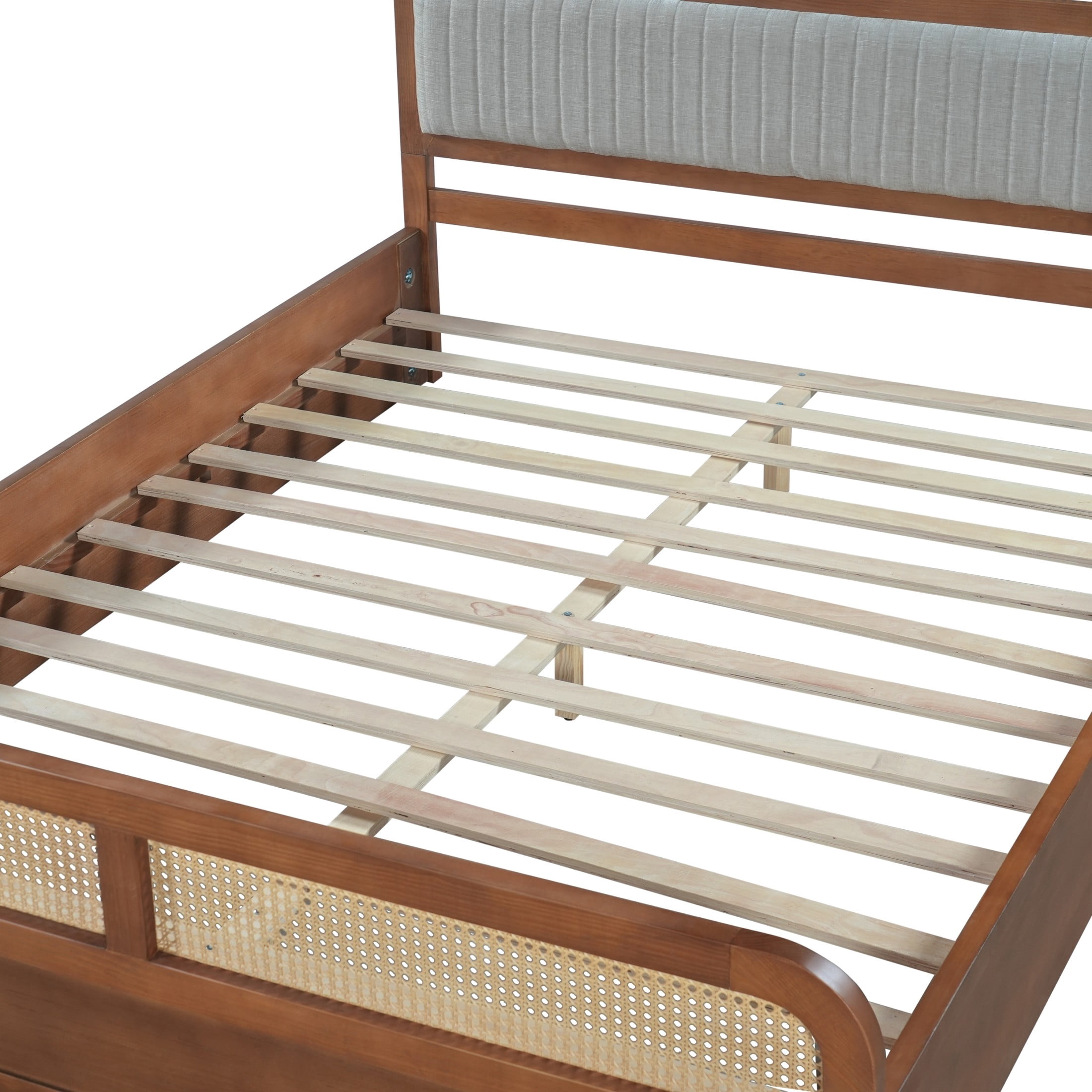 Christopher Knight Home Queen Wood Platform Bed with Rattan & Gray Upholstered Headboard, Brown Finish
